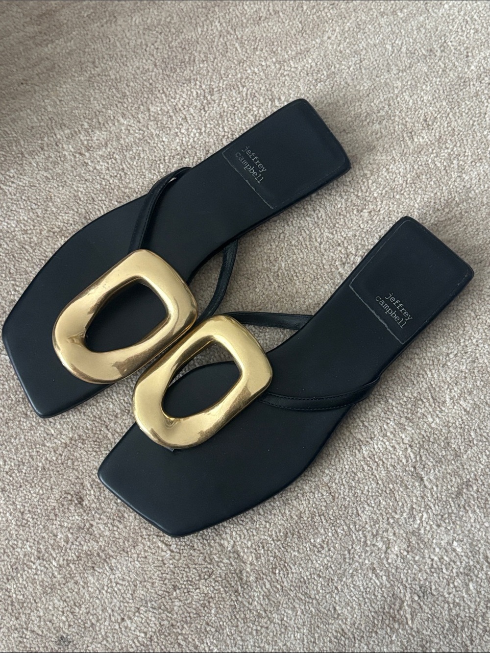 Jeffrey Campbell Black Sandals with Large Gold Buckle. This is the leather versi